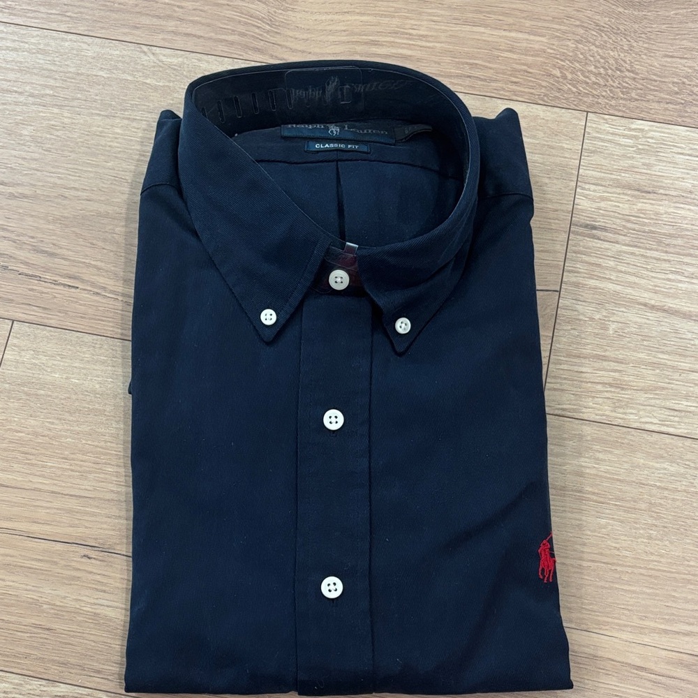 Ralph Lauren Blue Button-Down Shirt with Red Pony Logo